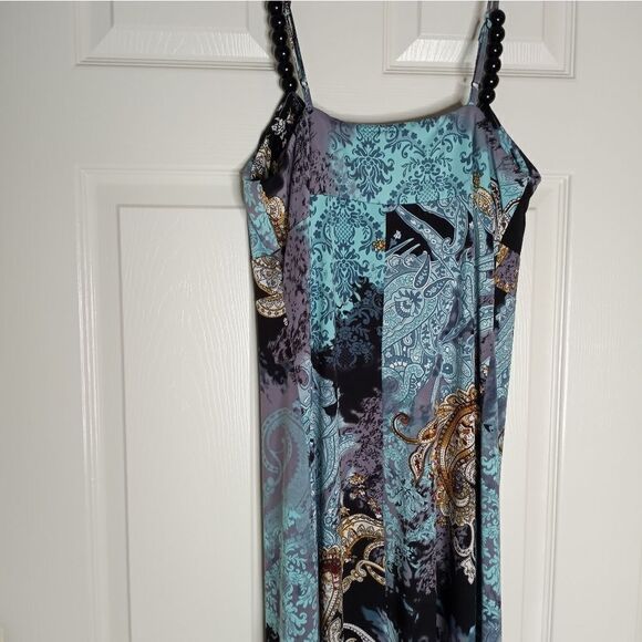 Essentials By Milano Sz M Womens Maxi Dress Paisley Green Beads Spaghetti - Picture 11 of 13